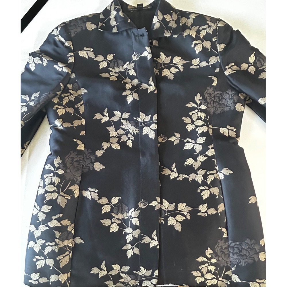 Linda Allard Ellen Tracy Silk Wool Brocade Jacket Black Gold Floral 10